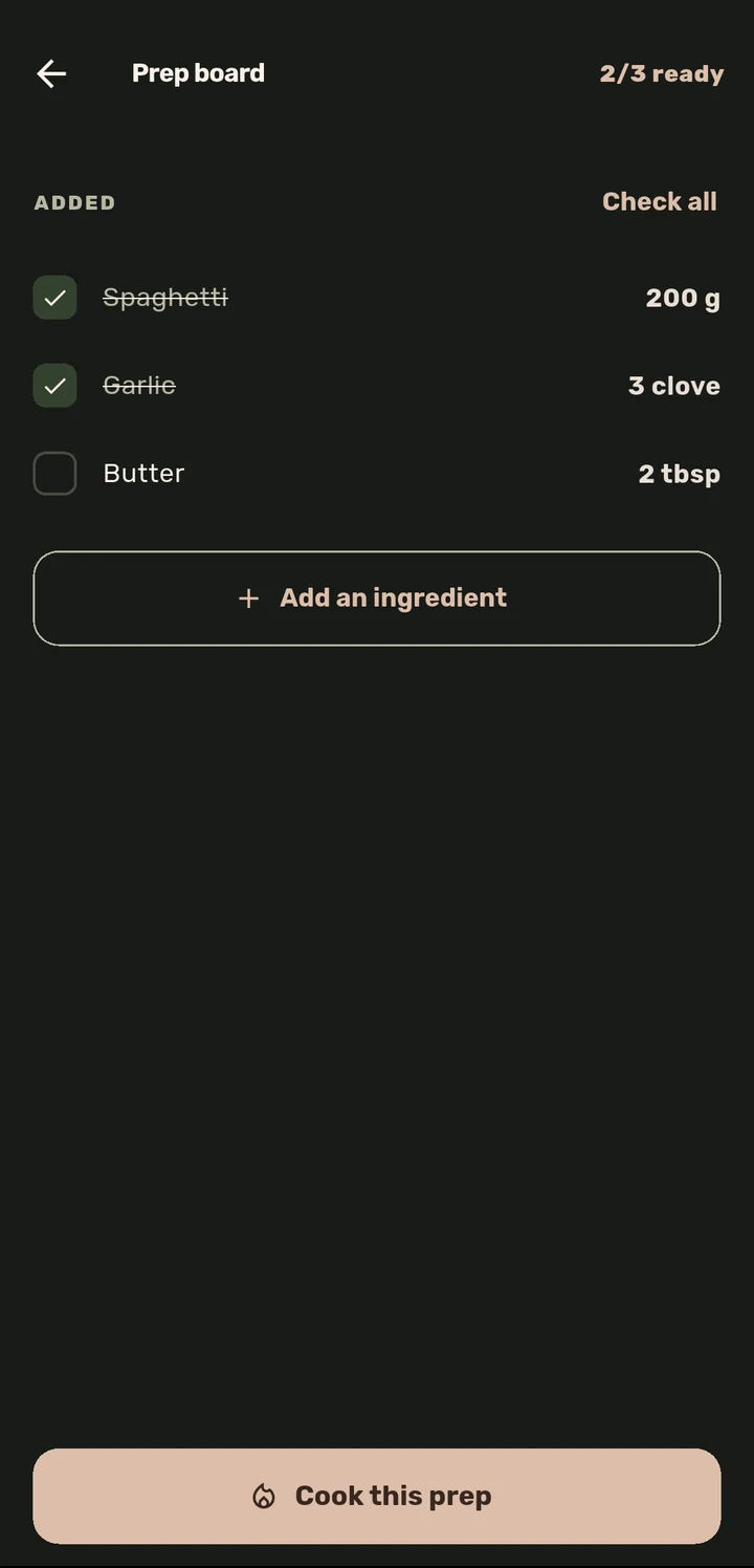 Prep board with ingredients checked off